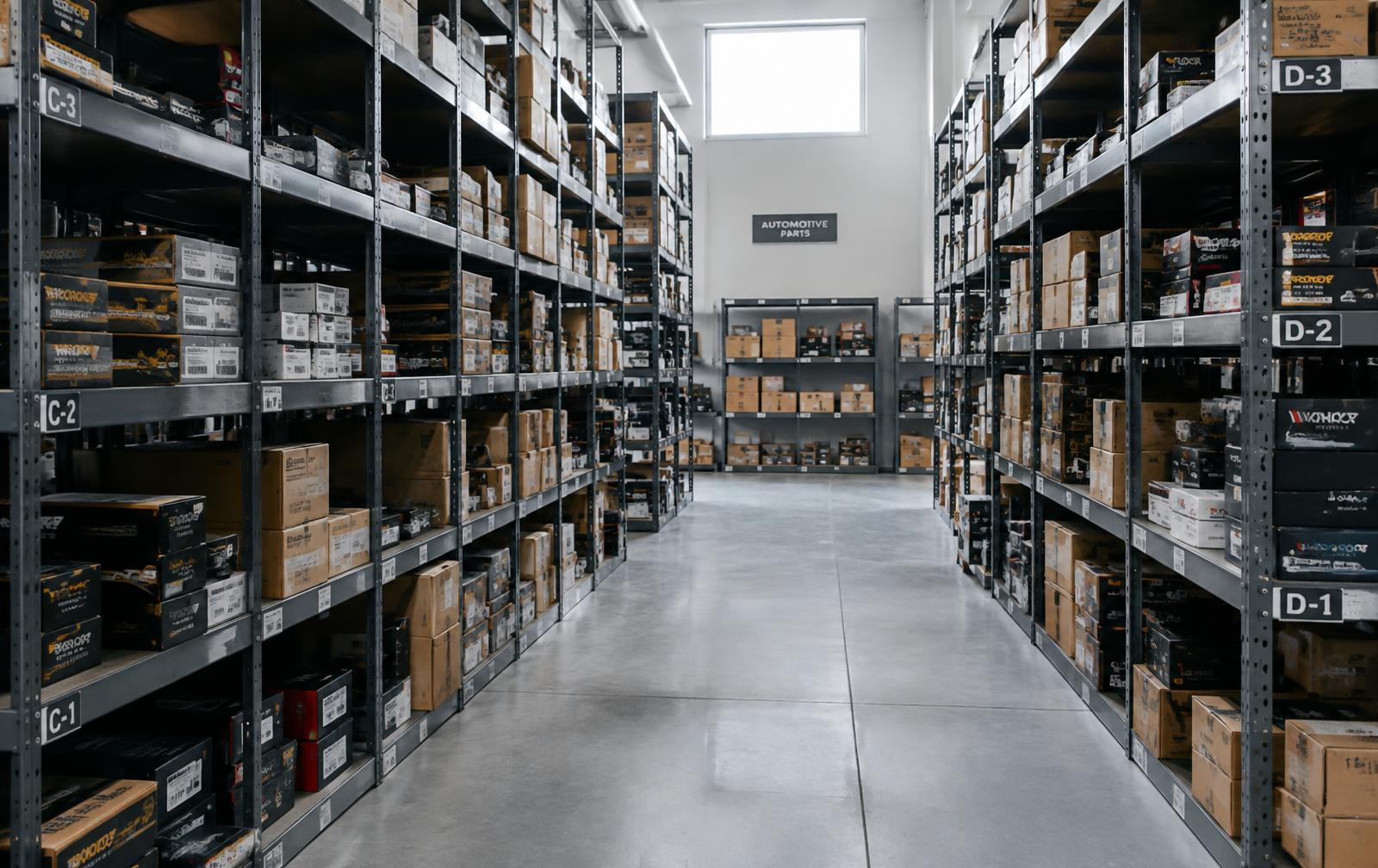 Organized automotive parts warehouse (illustrative)